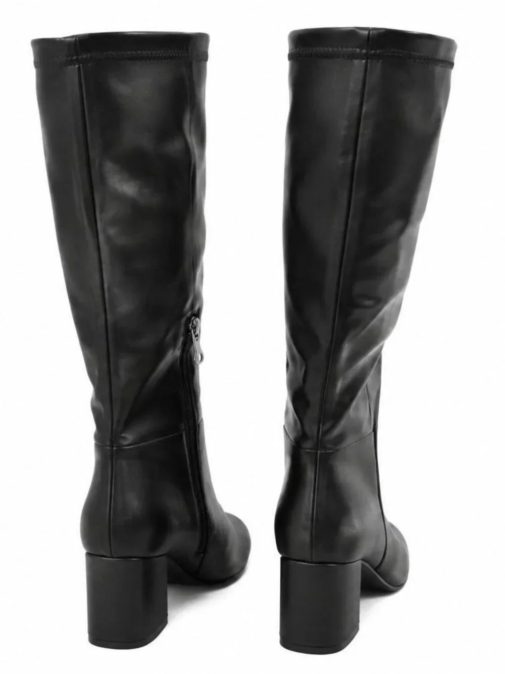 Fjqnxgy Size 9.5 Boots Knee High PU Leather Black Almond Toe Chunky Heel Zipper